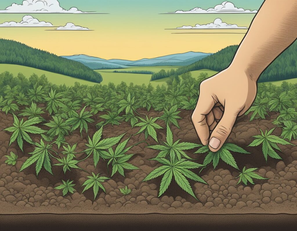 A hand reaching into a field of marijuana plants, carefully nurturing the cannabis seeds.