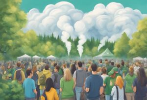 Crowd observing a plume of smoke at a 4/20 outdoor event in Canada.