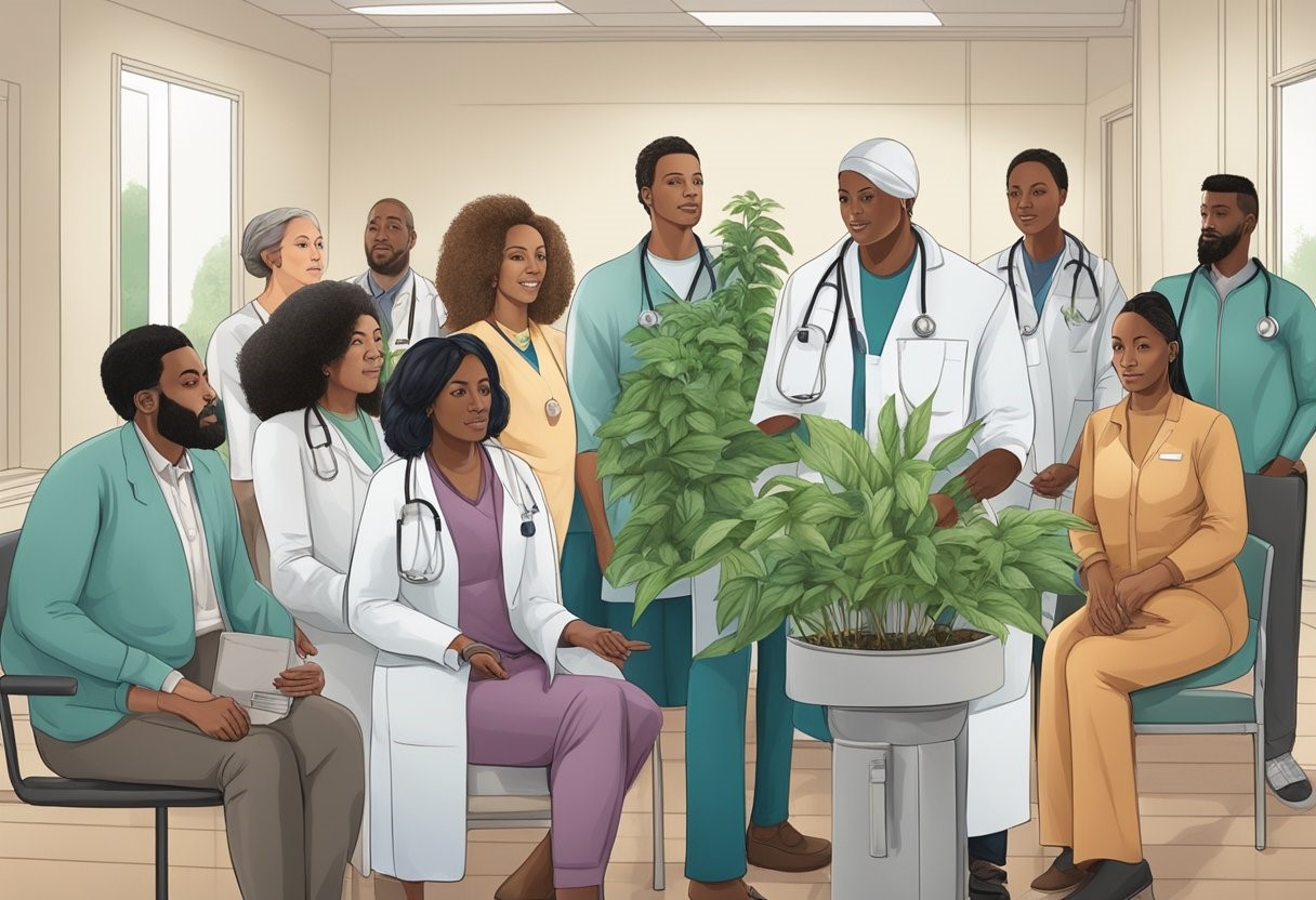 A diverse group of healthcare professionals in a waiting room with one attending to a White Widow plant.