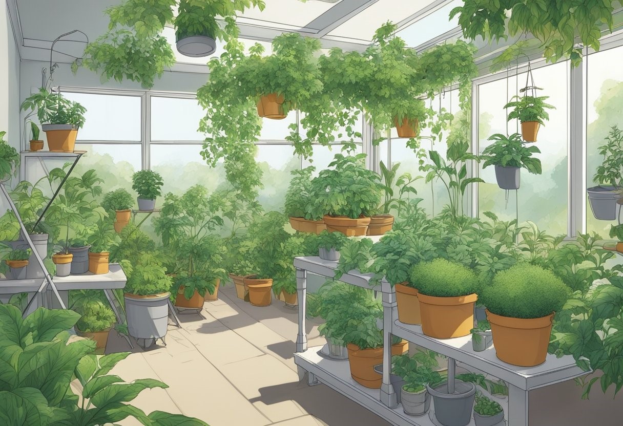 A sunlit greenhouse filled with lush green plants and suspended potted plants.
