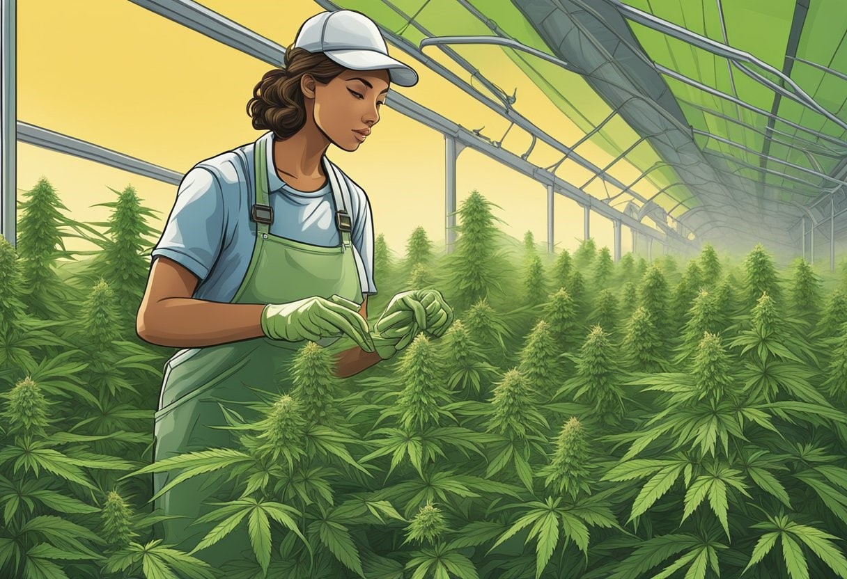 Agricultural worker tending to cannabis plants in a greenhouse.