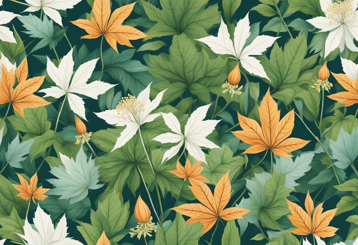 Seamless botanical pattern with assorted green and orange leaves.