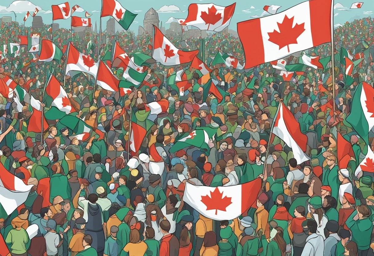 Crowd of people gathering with canadian flags, possibly at a public event or national celebration.