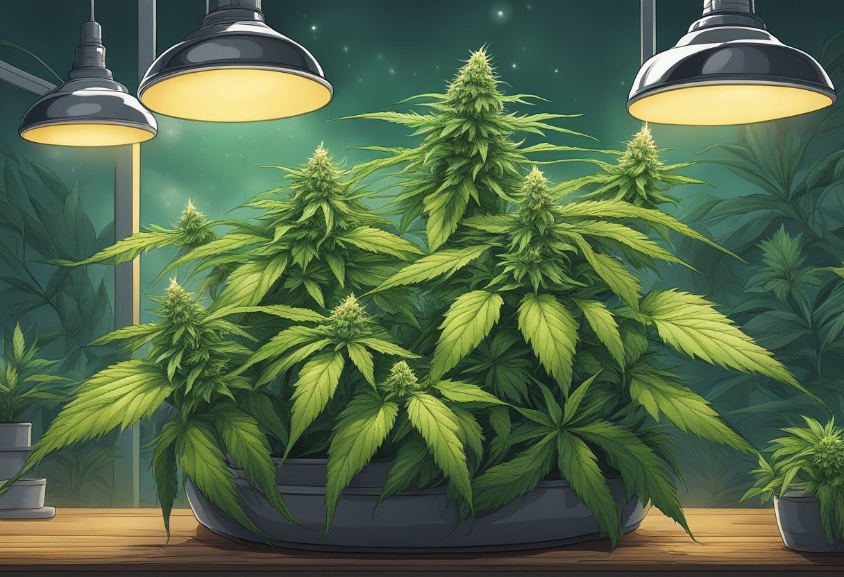 Indoor cannabis plants under grow lights.
