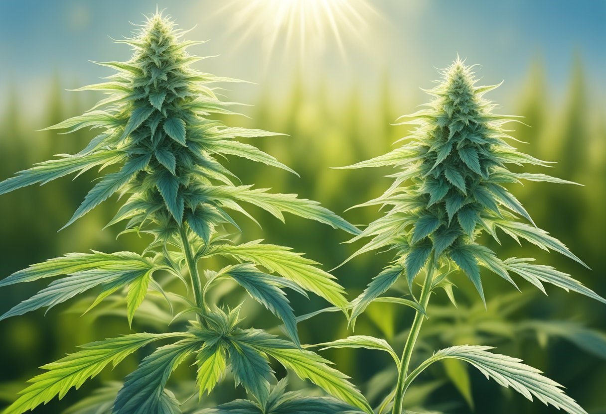Cannabis plants in sunlight with a blurred field background.