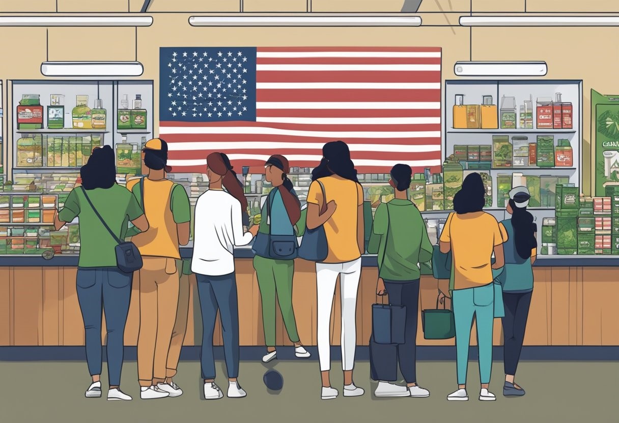 Customers waiting in line at a cannabis dispensary with an american flag on the wall.