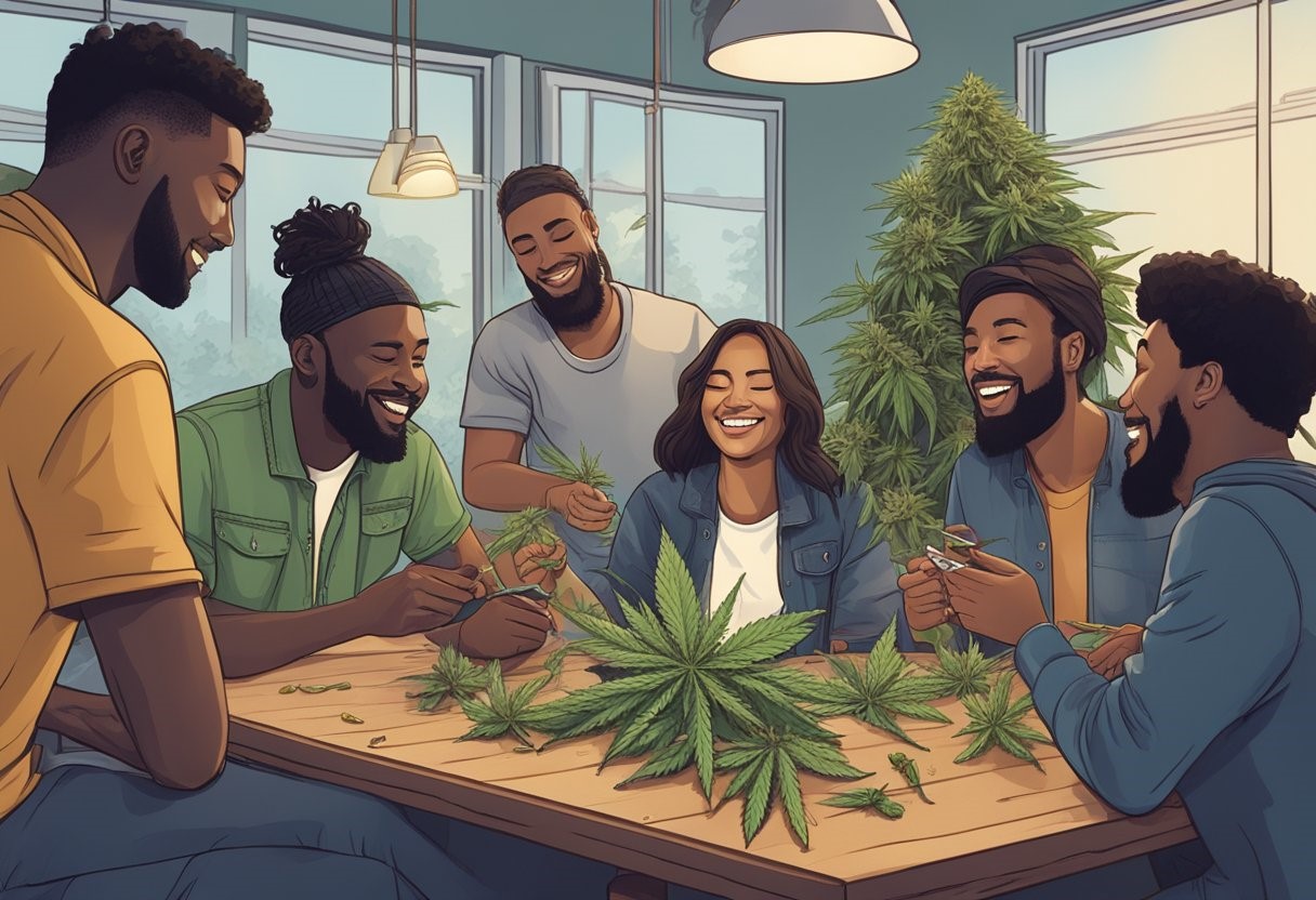 A group of friends laughing and trimming cannabis plants together indoors.