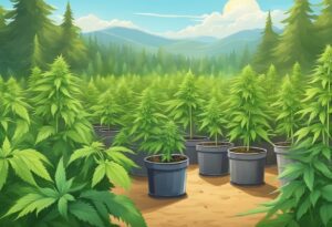 Outdoor eco-friendly cannabis farm with potted plants in a forest clearing.