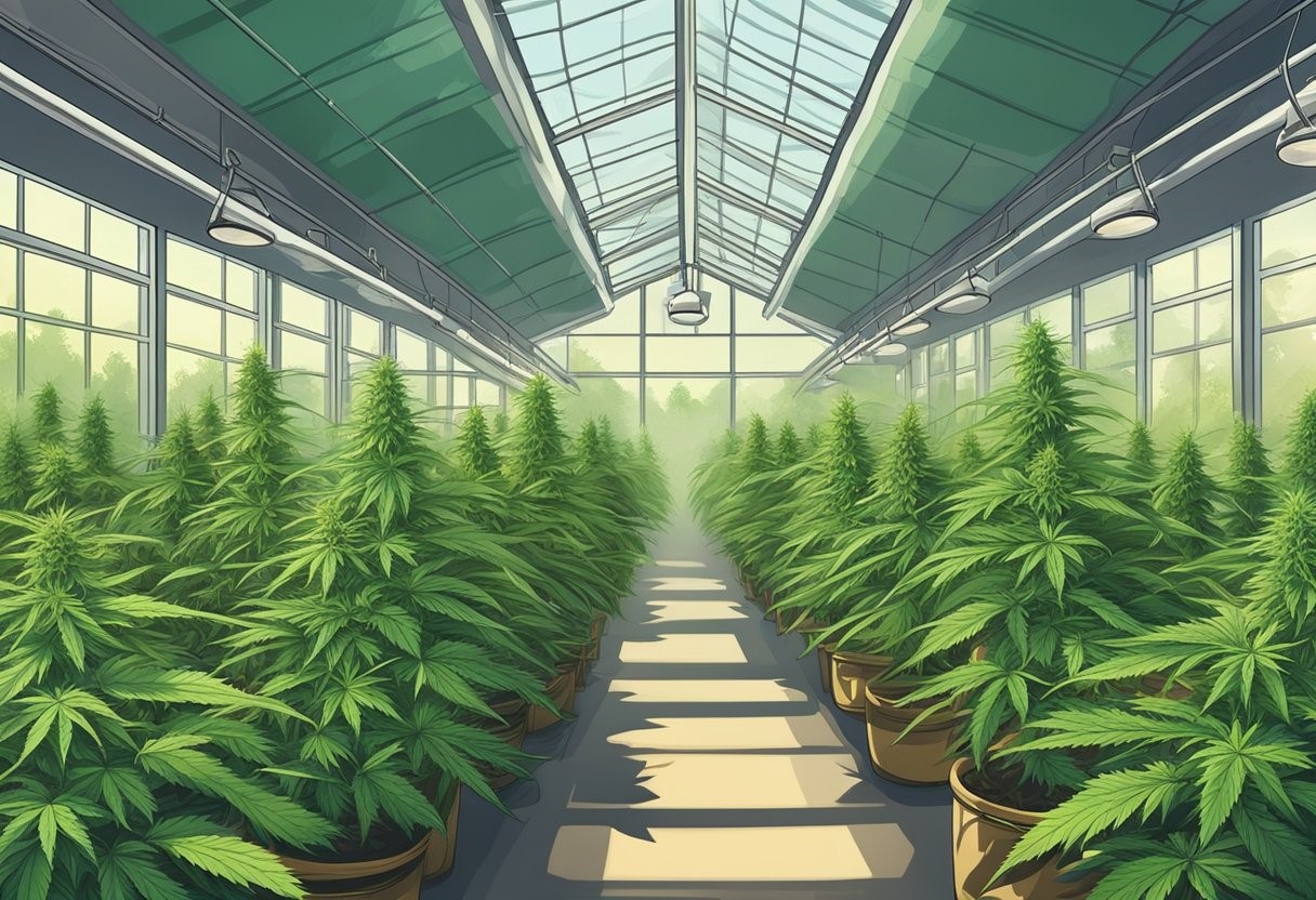 Indoor cannabis farm with rows of potted plants under a glass ceiling.