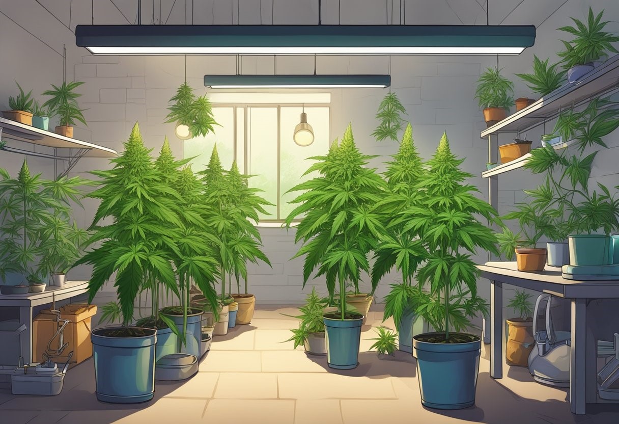 Indoor cannabis grow room with plants in pots and organized shelves.