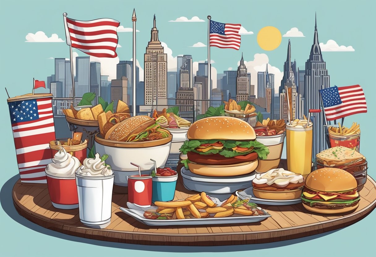 An illustration of american fast food on a wooden platter with a backdrop of iconic new york city landmarks and american flags.
