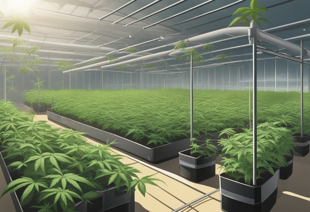 Indoor cannabis farm with rows of White Widow plants under artificial lighting.