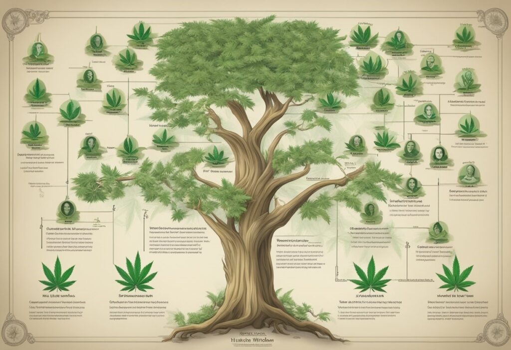 An illustrated chart resembling a tree, categorizing various types of cannabis strains including White Widow and products.