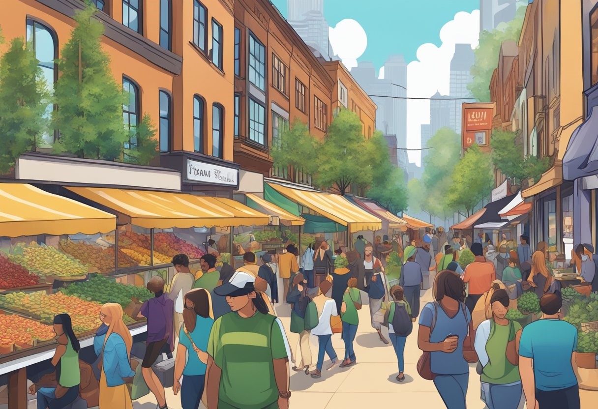 A bustling outdoor market on a city street with people shopping for produce and goods.