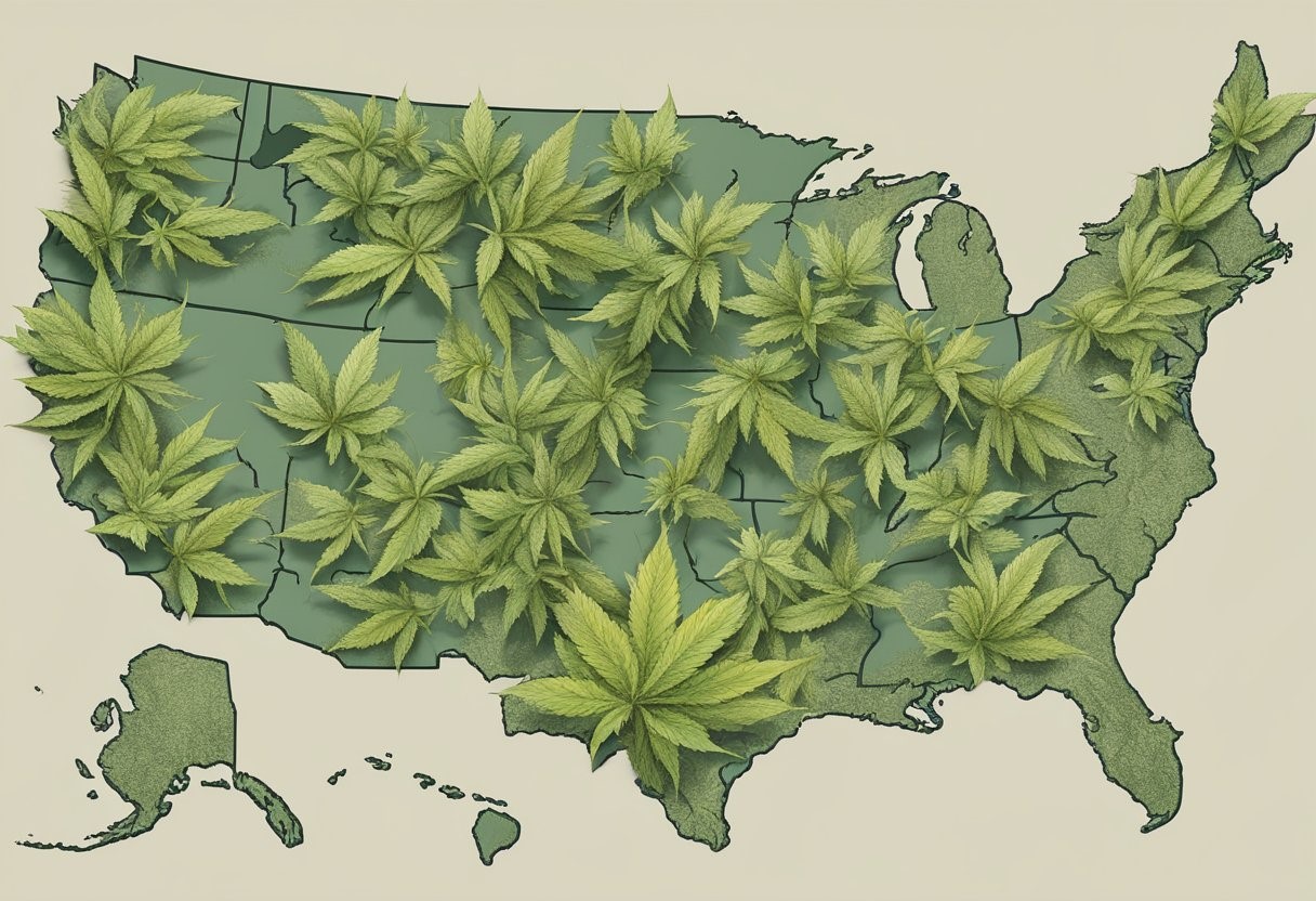 An illustration of the united states map overlaid with cannabis leaves.