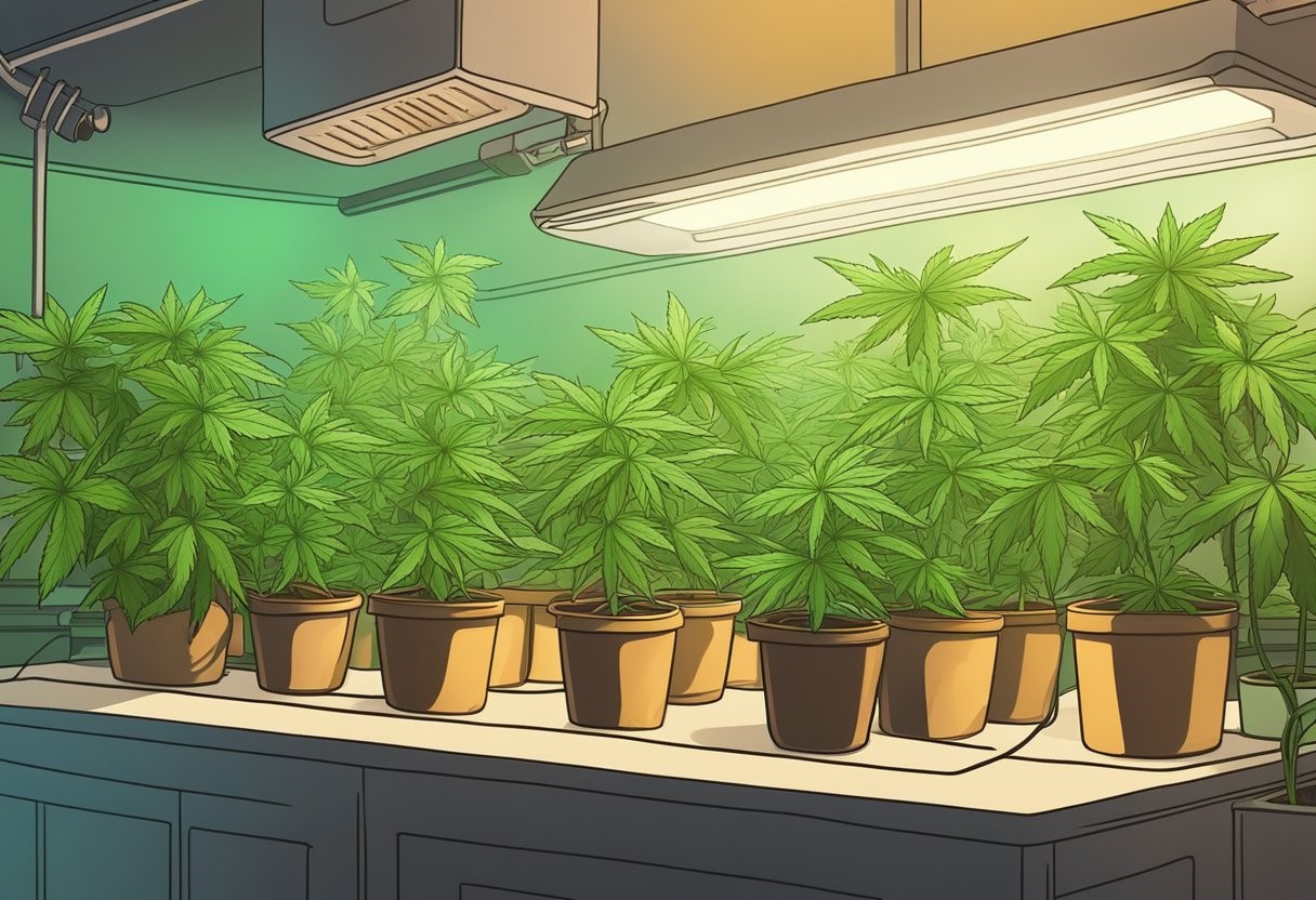 Indoor cannabis plants under grow lights.