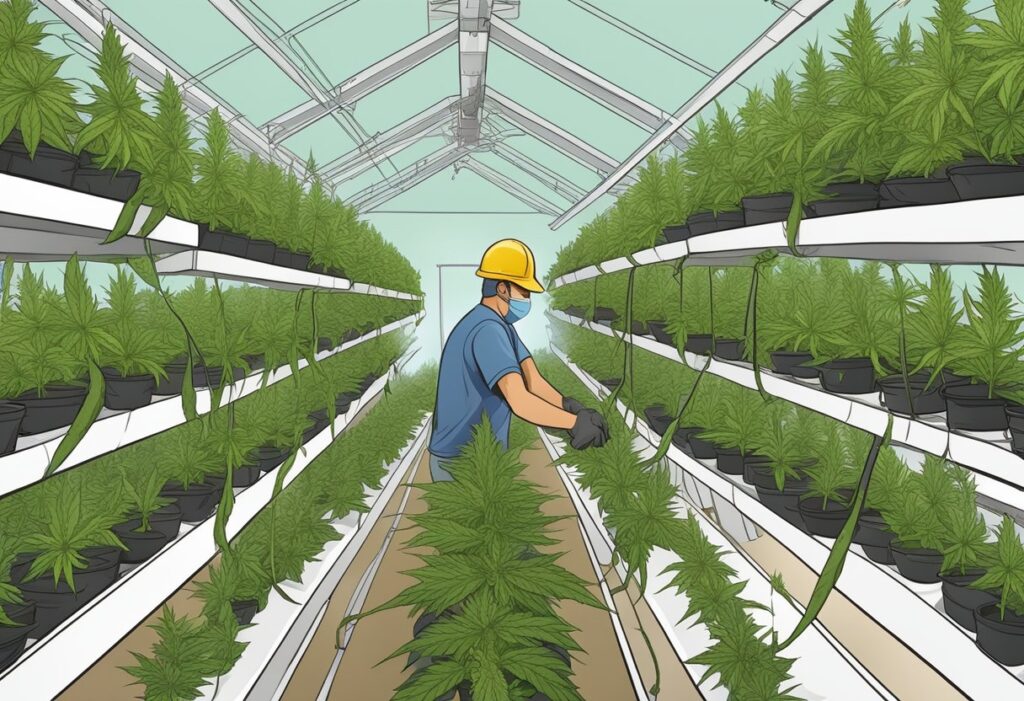 A worker tends to rows of cannabis plants, employing optimal practices, in a modern greenhouse for a bountiful crop.