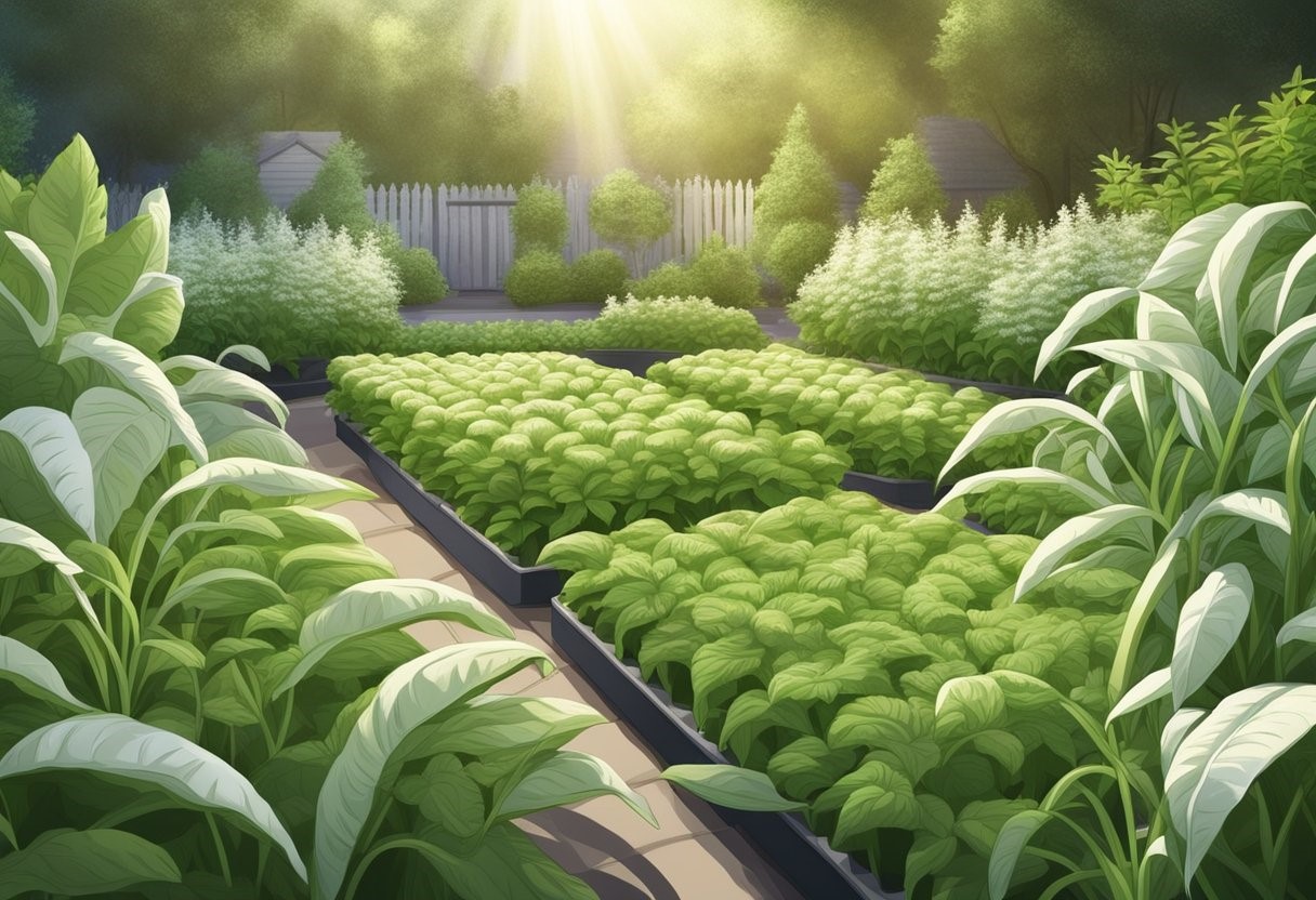 A lush, well-maintained vegetable garden bathed in sunlight with a white picket fence in the background.