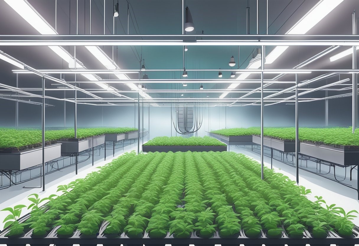 Indoor vertical farm with rows of plants under led lighting.