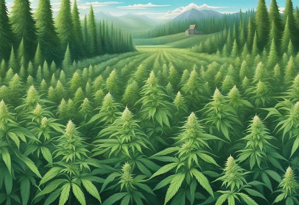 A vast cannabis farm with a small cabin nestled among dense evergreen trees in the background.