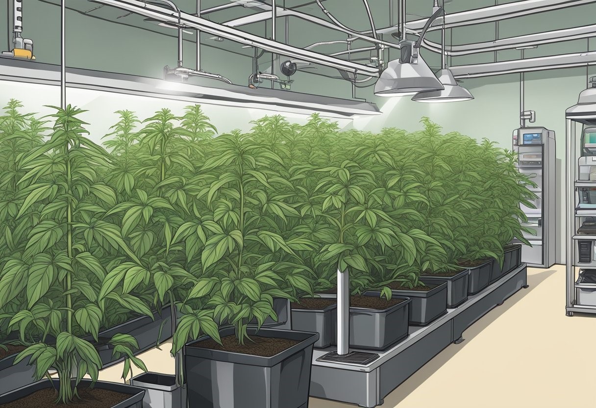 Indoor cannabis grow operation with plants in rows under artificial lighting.