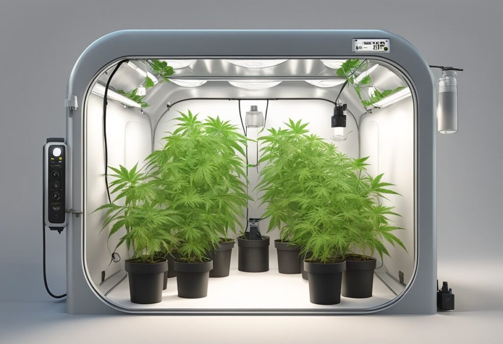 Indoor cannabis plants, including White Widow cultivators, growing in a controlled environment with artificial lighting.