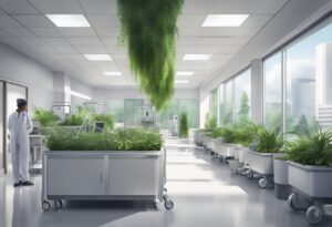 A modern laboratory with extensive greenery and a scientist observing the White Widow plants for their potential medical advantages.