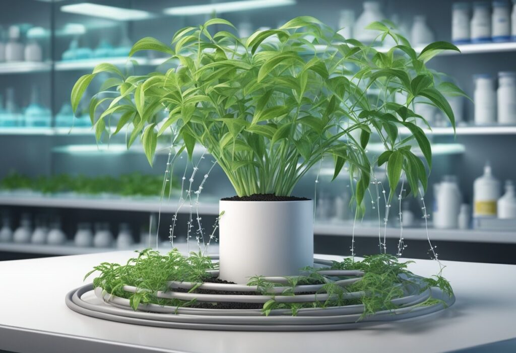 Potted plant undergoing hydroponic growth in a laboratory setting, featuring the White Widow strain.