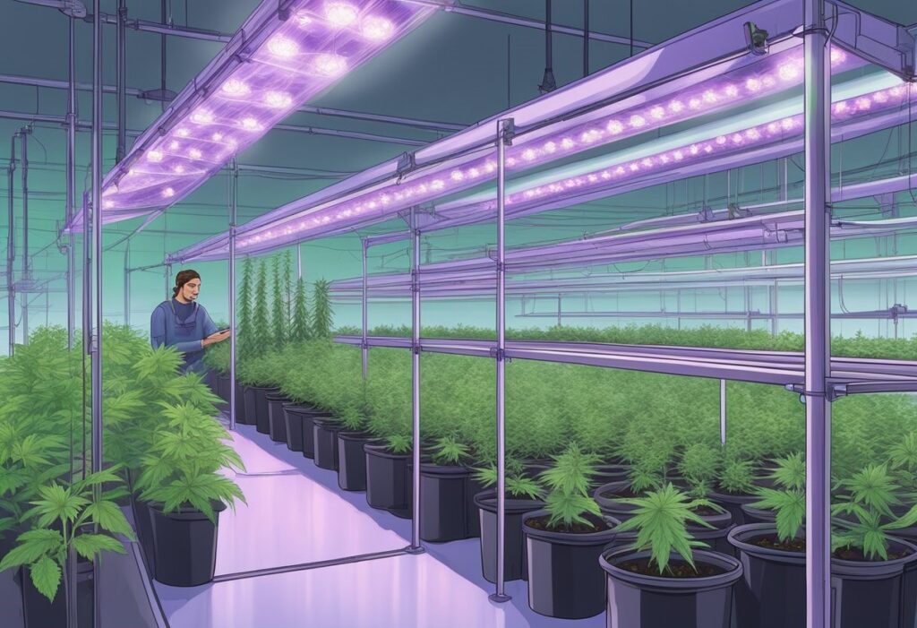 A person inspecting White Widow plants in an indoor cannabis cultivation facility in Canada with purple led grow lights.