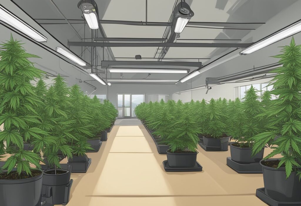 Indoor cannabis cultivation facility with rows of plants grown in pots, complying with Canadian Autoflower Growers regulations.