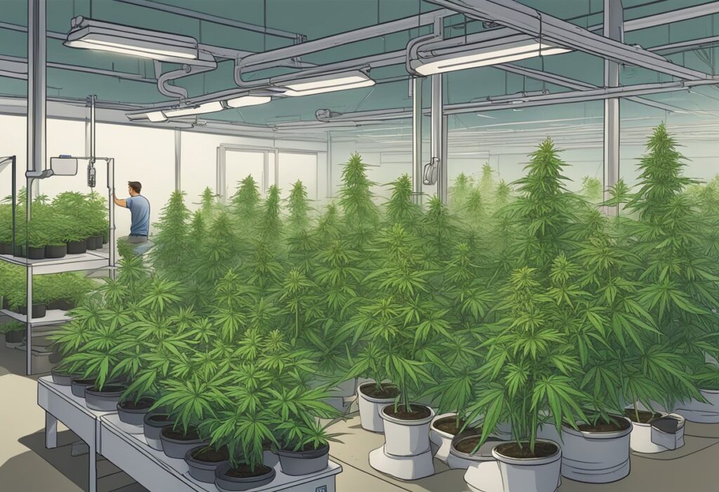 A person tends to a large indoor cannabis grow operation, focusing on optimizing growth in Canada.