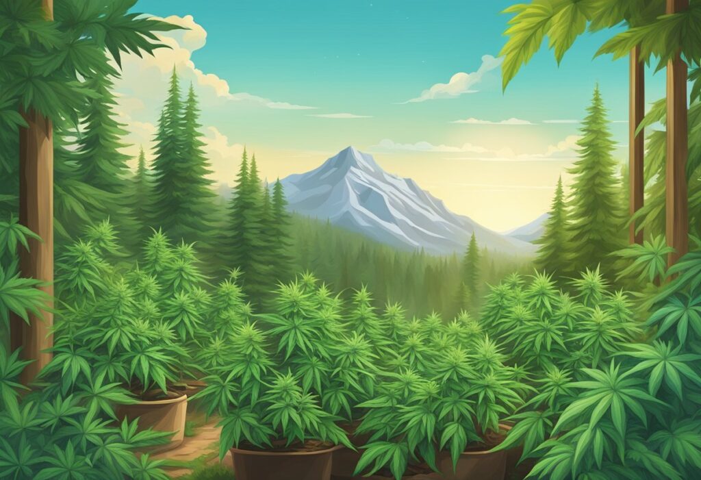 A stylized illustration of a lush cannabis farm featuring Hardy Harvests and potted plants in the foreground and a mountainous landscape in the background.