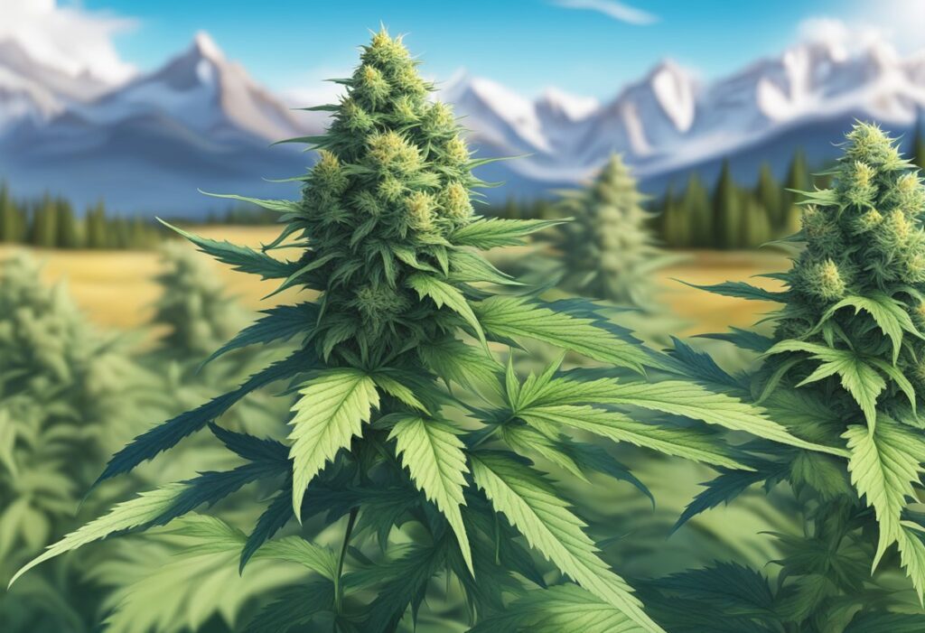 Cannabis plants in the foreground, grown from Canadian autoflower seeds, with a backdrop of mountains and forest.