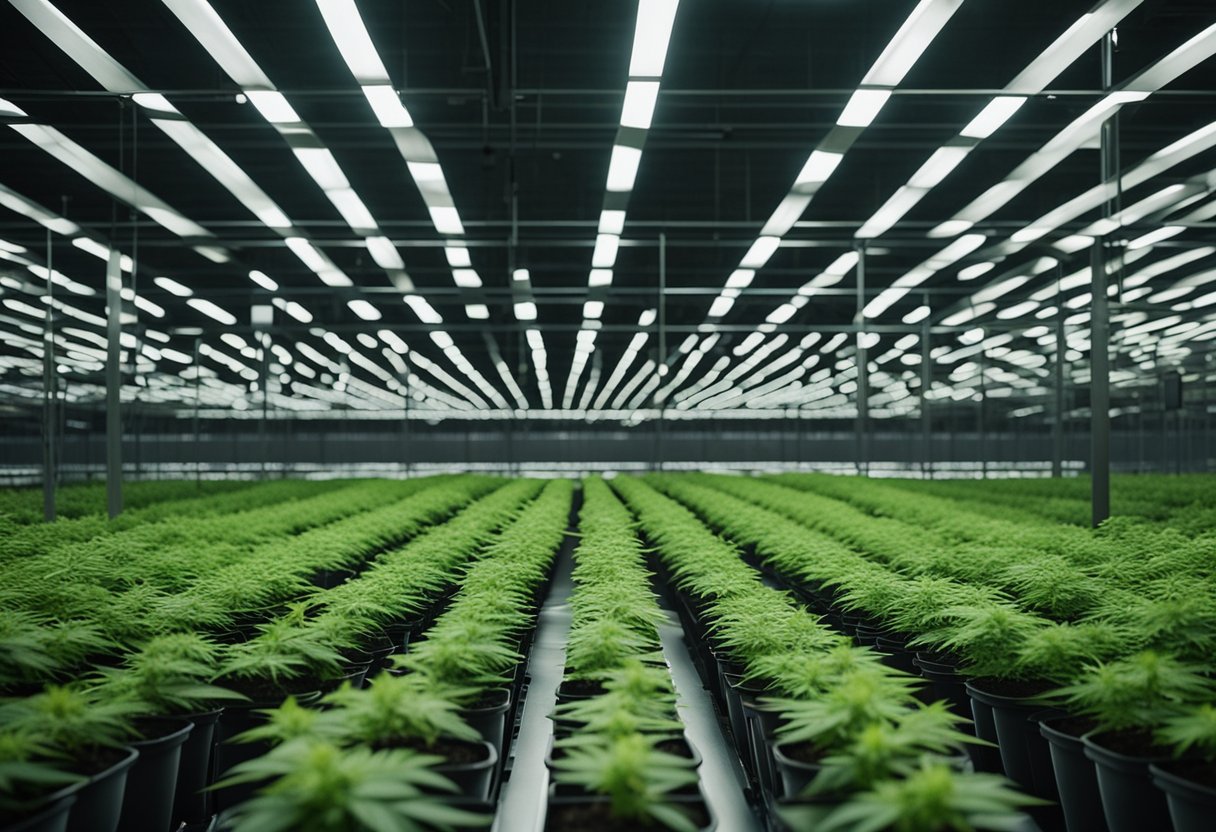 Indoor marijuana cultivation facility with rows of plants under artificial lighting.