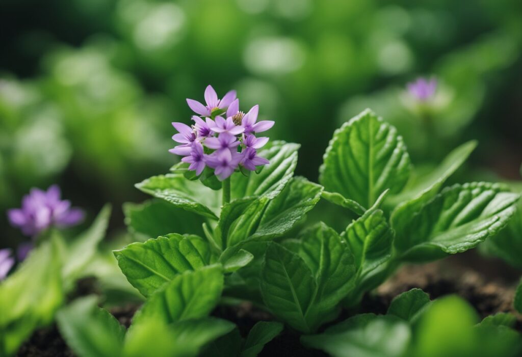 A vibrant purple flower, an early sign of hermaphroditism in cannabis, blooms among lush green foliage.