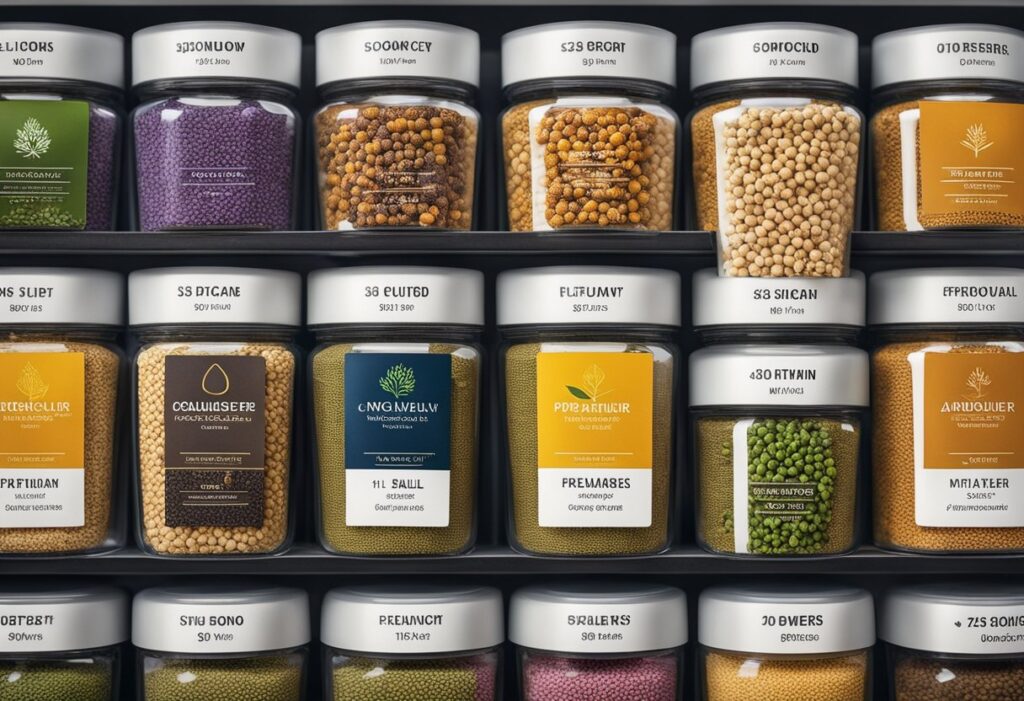 Shelves stocked with assorted labeled spice jars in a neat arrangement, reflecting premium seed market trends.