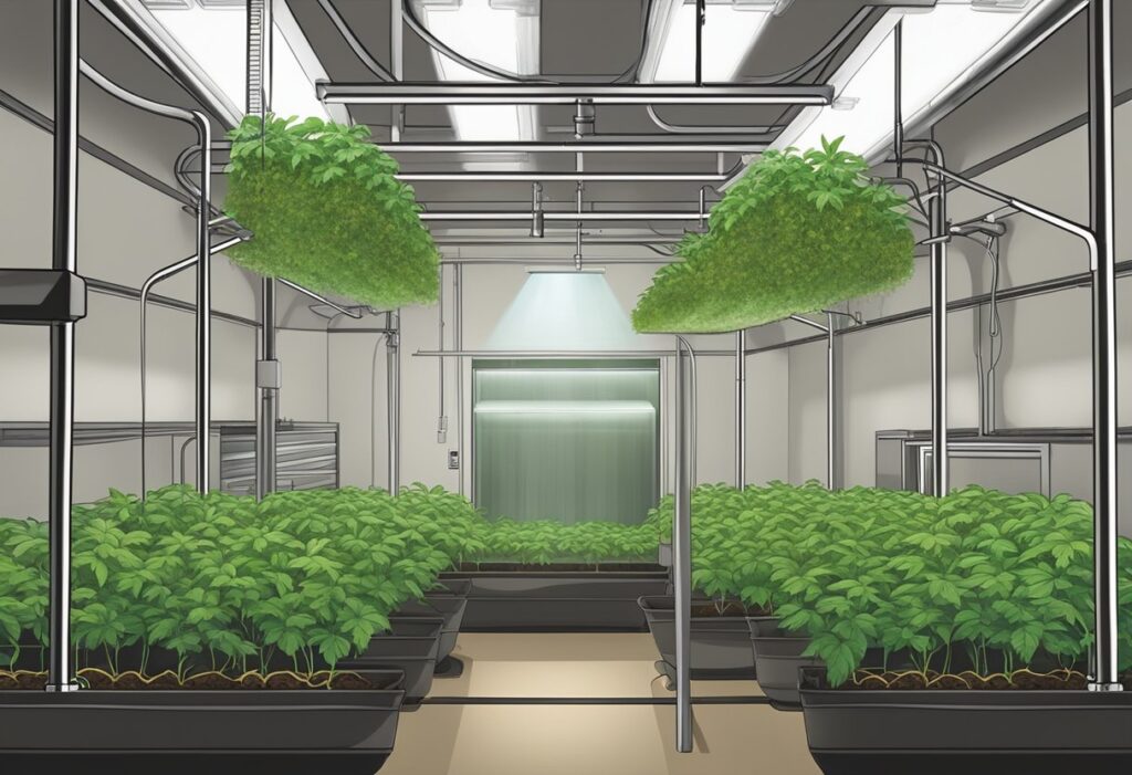 Indoor vertical farming facility in Canada, with plants growing in controlled conditions.