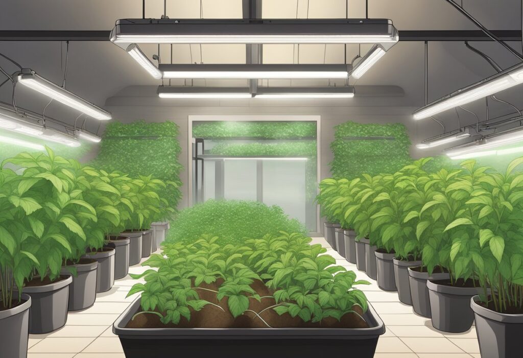 Indoor plant cultivation facility in Canada with rows of potted plants under artificial lighting, focusing on autoflower seeds.