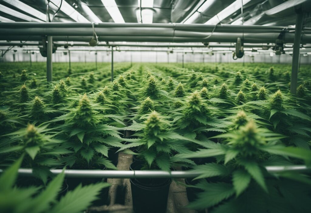 Indoor cannabis cultivation facility with rows of mature plants, implementing weed prevention strategies.