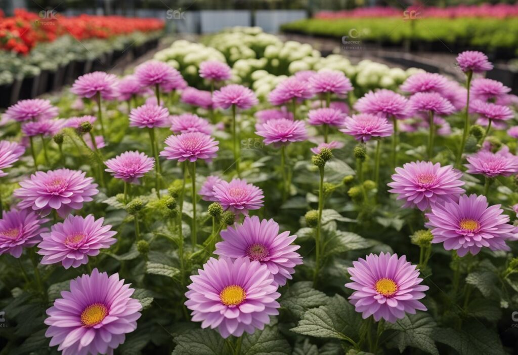 Rows of vibrant purple autoflower gerbera flowers in a greenhouse.