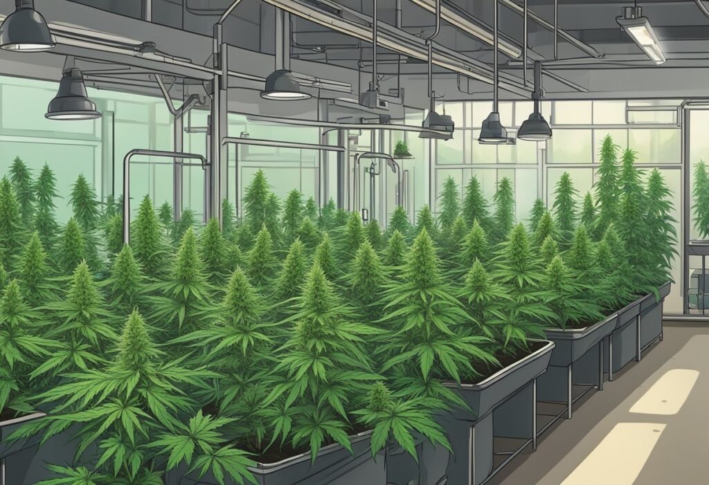 Indoor cannabis cultivation facility with rows of mature plants, including autoflower varieties, under overhead lighting.