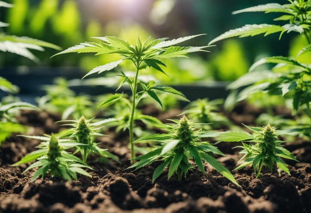 Young cannabis plants, including a hermie plant, growing in soil with sunlight filtering through.