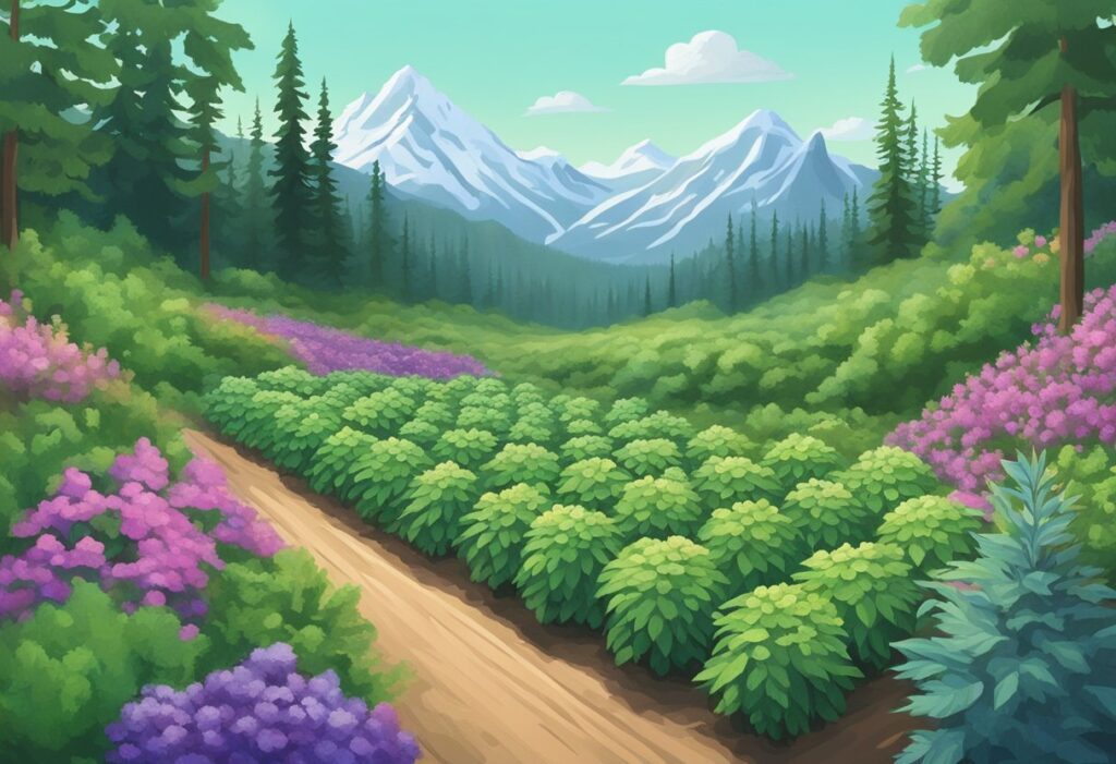 A vivid illustration of a lush green forest pathway in Canada, lined with colorful flowers, leading towards snow-capped mountains in the distance.