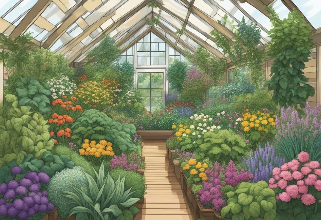 A vibrant and lush greenhouse, popular with autoflowers in Canada, is filled with a variety of flowering plants, including exclusive cultivar secrets. Sunlight streams through the glass roof, illuminating the