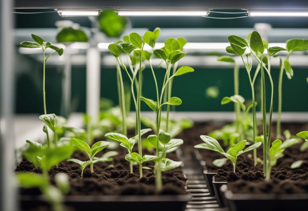 Young plants growing in an indoor cultivation with artificial lighting and feminized seeds.