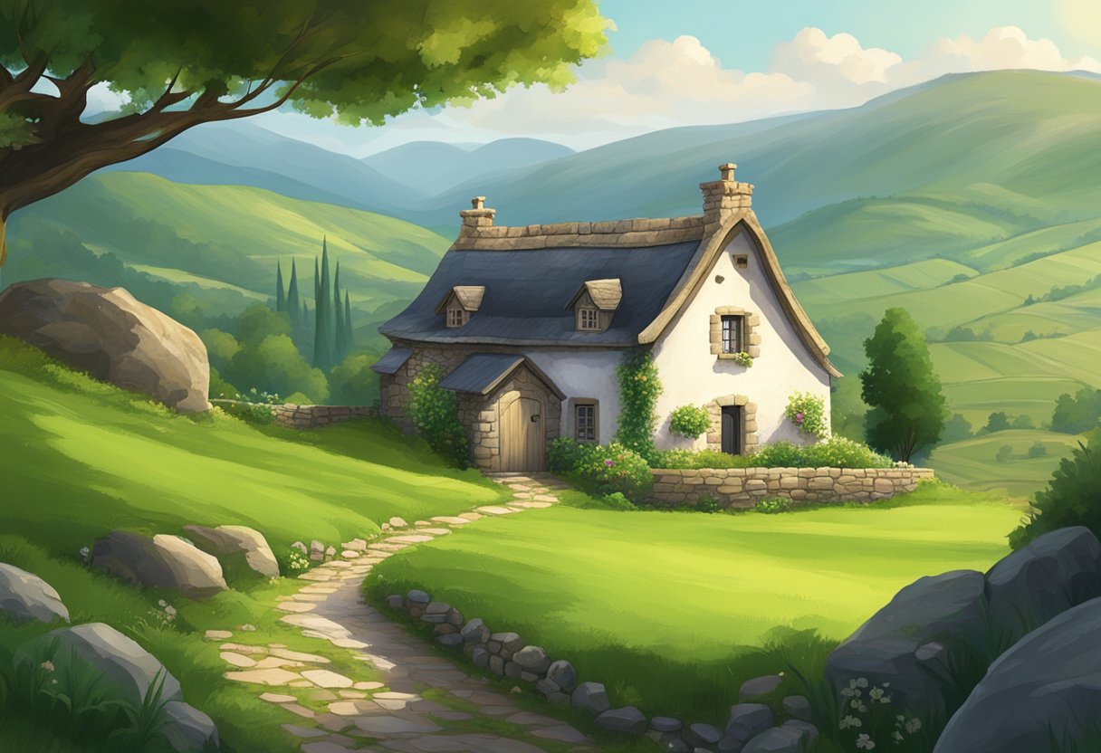 Idyllic countryside cottage surrounded by green hills and a clear sky.