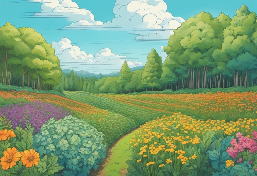 A vibrant, illustrated landscape of autoflower flower fields with a backdrop of lush forests and distant mountains under a blue sky with fluffy clouds.