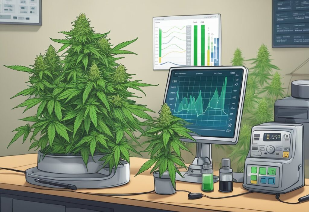 A Canadian Autoflowers cannabis plant on a laboratory bench with scientific equipment and data analysis charts on computer screens, showing THC and CBD levels.