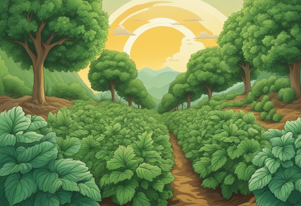 An illustrated landscape of a fertile farm in Canada with rows of crops, surrounded by trees under a sunrise.