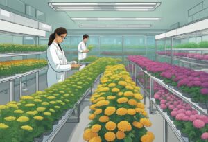 Two scientists taking notes in a modern greenhouse cultivating various colorful cultivar secrets, including the genetics of popular autoflowers.